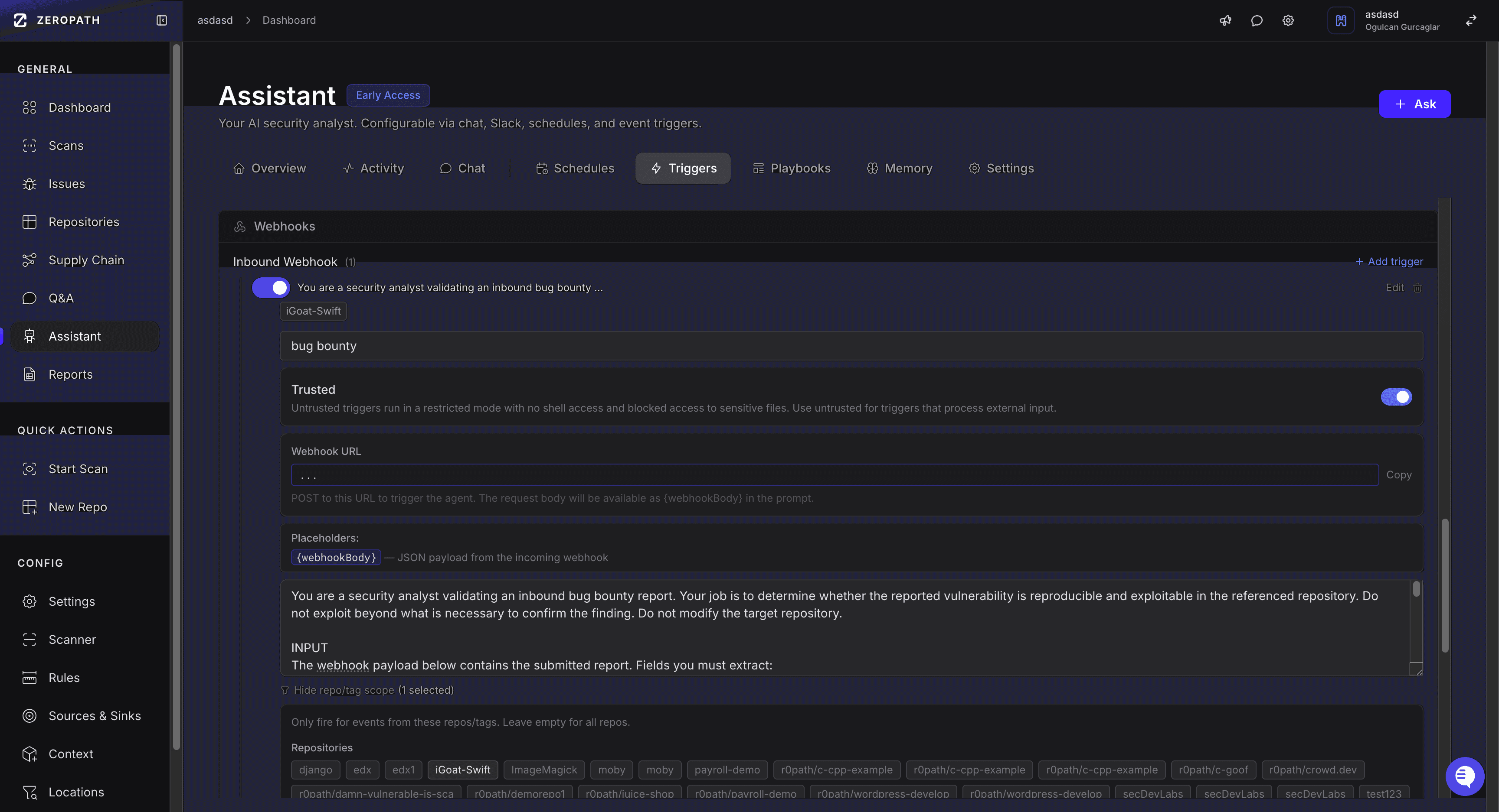 Configuring ZERO's inbound bug bounty webhook trigger in the Assistant settings: trusted/untrusted execution profile toggle, webhook URL, system prompt, and target repositories