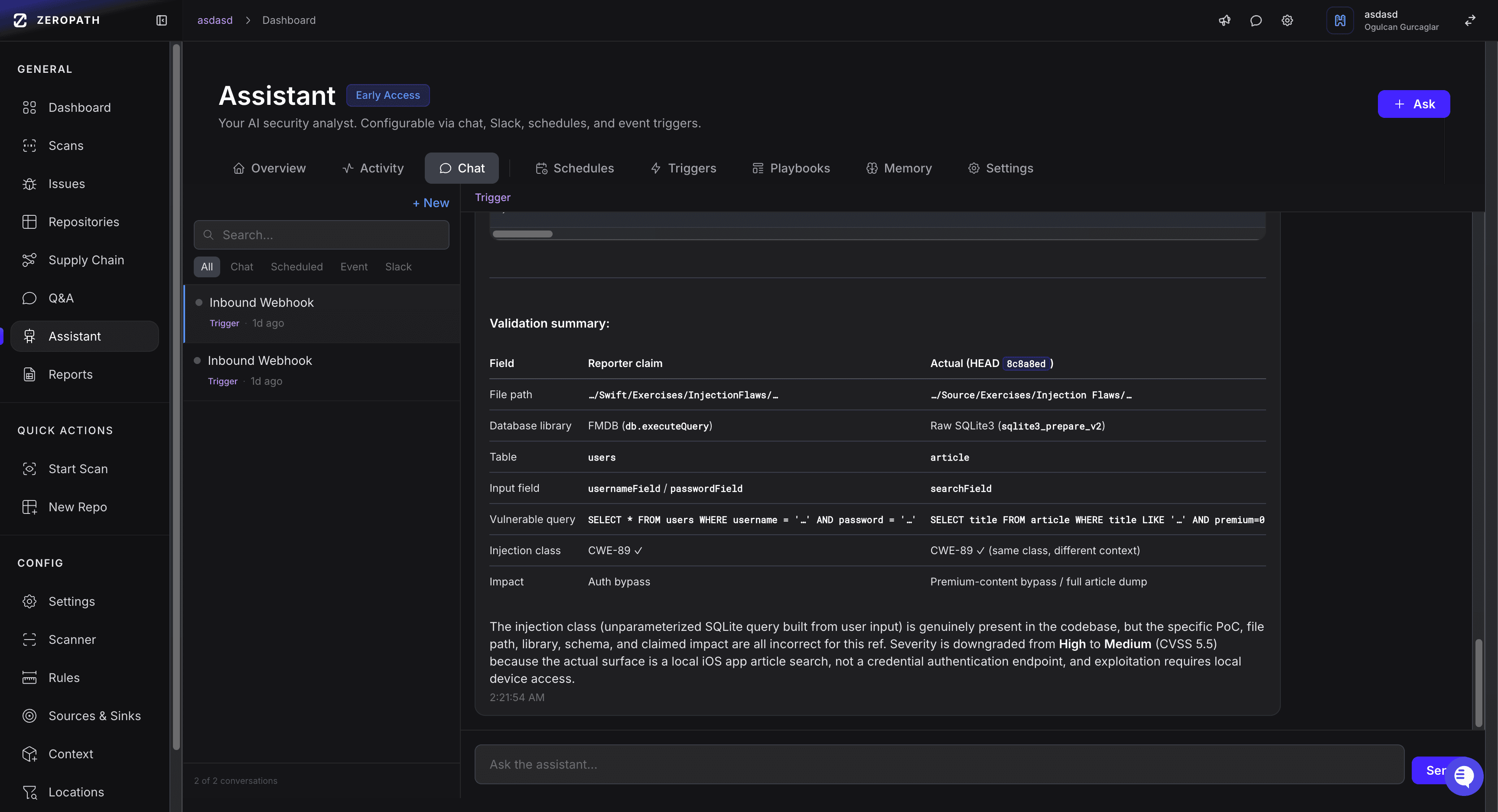ZERO's validation summary for an inbound bug bounty report: side-by-side comparison of the reporter's claim against the actual codebase (file path, database library, table, input field, vulnerable query, injection class, impact) with severity downgraded from High to Medium because the surface is a local iOS app rather than a credential endpoint