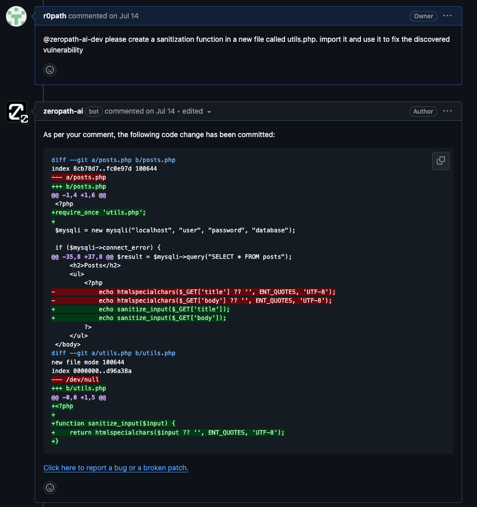 Screenshot of ZeroPath PR modification interface showing natural language patch refinement